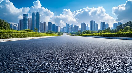 Poster - Asphalt road and urban skyline with sky clouds background : Generative AI