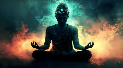 Wall Mural - A silhouette of a meditating Buddha with smoke swirling around him.