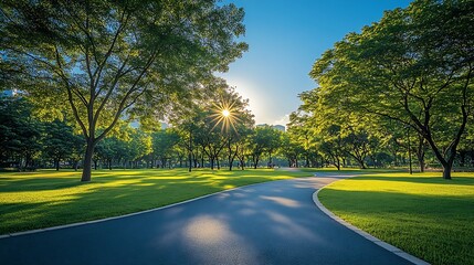 Poster - Empty street green city park with blue sky Pathway and beautiful trees track for running or walking and cycling relax in park on green grass field on the side Sunlight and flare backgr : Generative AI