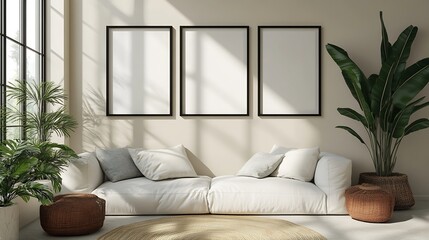 Aufkleber - Artistic mockup template Black vertical picture frames on beige wall background in sunlight Poster display at home minimal Scandinavian design no people Elegant apartment concept Templ : Generative AI