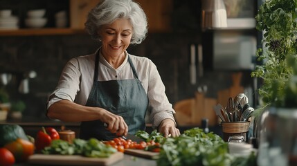 Smiling mature dreamy woman stand at table cutting fresh vegetables for salad looking away smile planning dinner menu use healthy ingredients enjoy cooking process in modern kitchen Cu : Generative AI