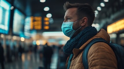 Side view of male traveler in medical mask standing in departure lounge of airport and waiting for flight during COVID 19 epidemic : Generative AI