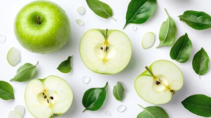 Aufkleber - Green apple and cut in half sliced with leaves isolated on white background top view flat lay : Generative AI