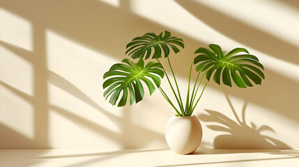 Wall Mural - A single Monstera plant with large green leaves sits in a white pot against a cream wall with shadows cast by a window.