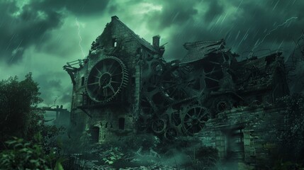 Wall Mural - A haunted old mill with creaking gears and ghostly figures appearing in the broken windows, surrounded by a dark, stormy sky.