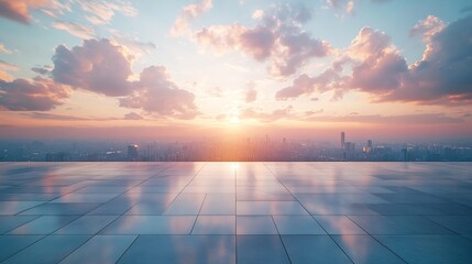 Poster - Empty square floor and city skyline with sky clouds at sunset : Generative AI