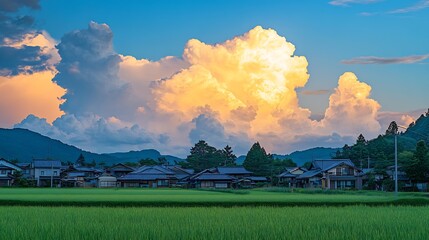 Poster - Scenes of Cumulonimbus cloud on the blue sky in the evening along with villages in Japan rural area : Generative AI