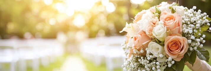 A stunning bridal bouquet filled with roses and lilies is held in the foreground amid a softly lit outdoor wedding ceremony setting. Generative AI