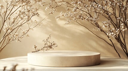 Poster - Composition empty podium material tree stone dry flowers Product presentation Background beige green Beautiful background from natural materials : Generative AI