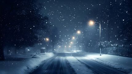 Poster - A snow-covered street at night with streetlights illuminating the falling snow.