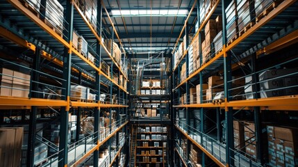 Poster - A high-ceilinged warehouse with mezzanine floors to increase storage capacity. The innovative use of vertical space highlights the importance of maximizing available area in warehousing