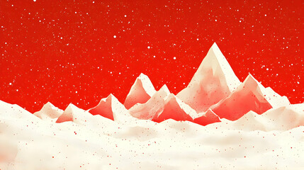 Poster - A snowy mountain range with a red sky and falling snow.