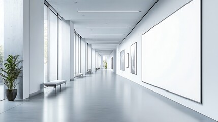 Leinwandbilder - Modern Gallery Interior with Long and Wide Blank White Display Board  Mockup Background of a WallMounted Screen for Corporate and Professional Presentations : Generative AI