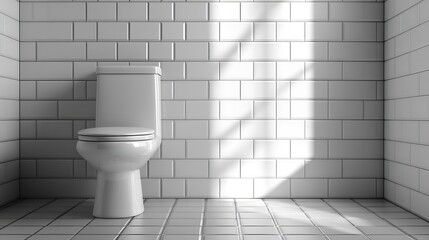Poster - A modern bathroom with a ceramic toilet in white The toilet is closed and has a seat and a flush The bathroom has a wall and a floor with tiles : Generative AI