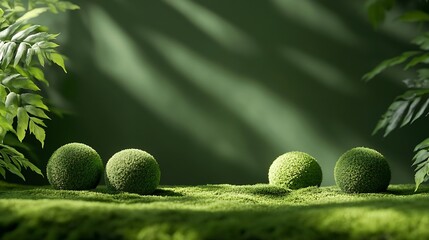 Fototapete - Premium empty scene with grass balls on moss on a green background with the shadow of plant leaves Podium for product promotion beauty natural eco cosmetic Showcase display case : Generative AI