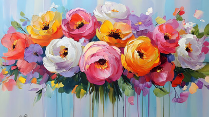 Poster - A vibrant bouquet of colorful flowers in pink, orange, yellow, white, and purple blooms painted in a bold and impressionistic style with blue background.