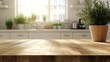 © Generative AI - Wooden tabletop with free space for product montage or mockup against blurred white kitchen with cutting board and plant in scandinavian style in morning light : Generative AI