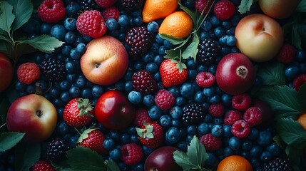 Aufkleber - Different ripe fruits and berries as background top view : Generative AI
