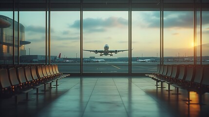 Poster - Empty airport hall with taking off airplane behind window : Generative AI