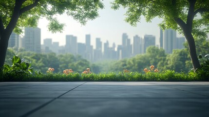 Poster - Empty square floor and green forest with city skyline scenery : Generative AI