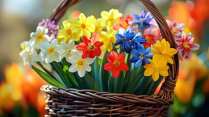 Sticker - A wicker basket filled with a vibrant assortment of colorful spring flowers.