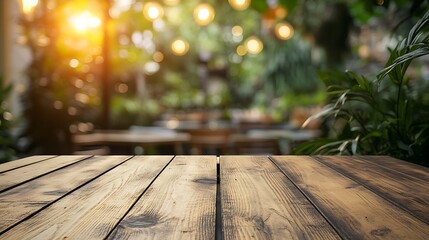 Aufkleber - Empty wood table with blur interior outdoor space coffee  restaurant or cafe for background : Generative AI