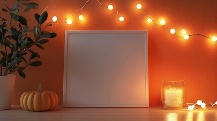 Poster - White empty frame in orange solid color studio scene white lights Halloween background Product display mockup design : Generative AI