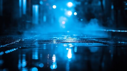Poster - Dark street wet asphalt reflections of rays in the water Abstract dark blue background smoke smog Empty dark scene neon light spotlights : Generative AI