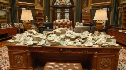 Poster - A large heap of money spread across a luxurious desk, symbolizing both financial success and the importance of wealth in achieving a high-status lifestyle.