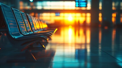 Poster - Empty departure lounge with seats in airport air travel concept : Generative AI