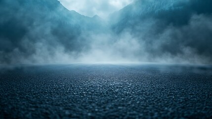 Poster - Dark street asphalt abstract dark blue background empty dark mountain range scene with smoke mist cold white float up for display products : Generative AI