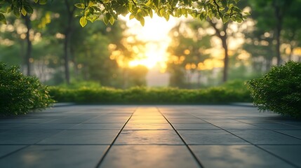 Poster - Empty square floor and green forest with buildings landscape at sunset : Generative AI