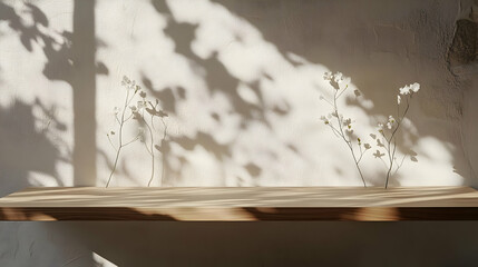 Wall Mural - A wooden shelf against a beige wall with white flowers in the background, with shadows of leaves and flowers on the wall.