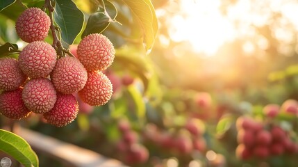 Leinwandbilder - lychee fruit hanging on tree with wooden table and sunset at organic farm : Generative AI