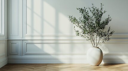 Poster - White classic wall background brown parquet floor home furniture detail frame and vase of plant : Generative AI