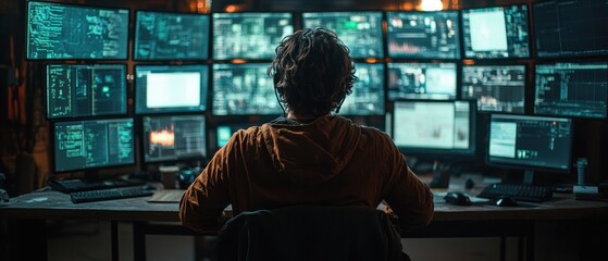 Person in a Brown Jacket Sitting in Front of Multiple Monitors with Green Code