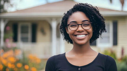 Canvas Print - A young woman with curly hair smiles broadly while wearing glasses and standing in front of a house.