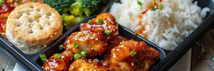 Canvas Print - Close-up of a lunchbox featuring rice, broccoli, grilled chicken, and a biscuit.