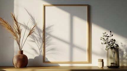 Fototapete - Mockup rectangle frame in minimalist interior background Empty frame with natural sunlight on white wall : Generative AI