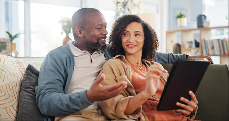 Sticker - Happy, couple and relax with tablet on sofa for online order, communication and decision on lunch. Interracial, man and woman with technology at home for takeout app, discussion and delivery of food