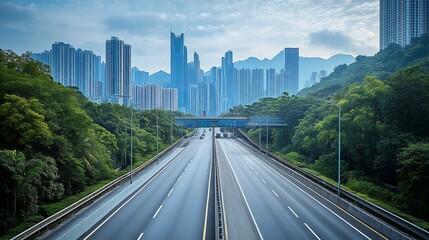 Wall Mural - Asphalt highway and viaduct with city skyline in Shenzhen Guangdong Province China : Generative AI