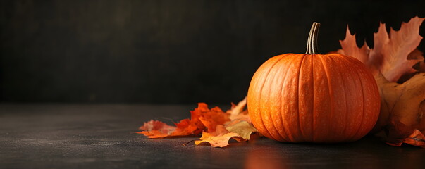 One pumpkin close-up and autumn leaves, copyspace, side view, seasonal decor. Dark stone background with pumpkin, with Halloween or Thanksgiving concept.