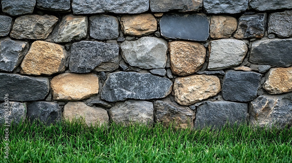 Light brown and gray stone wall with light grout behind a strip of ...