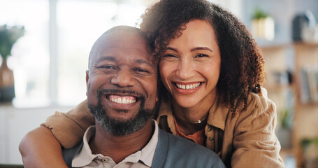 Poster - Couple, happy and hug portrait in home for romance, support and commitment in marriage with love. Interracial people, security and embrace in living room of house for loyalty, comfort and affection