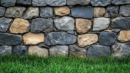 Leinwandbilder - Light brown and gray stone wall with light grout behind a strip of green grass Beautiful old stone pattern background Wallpaper : Generative AI
