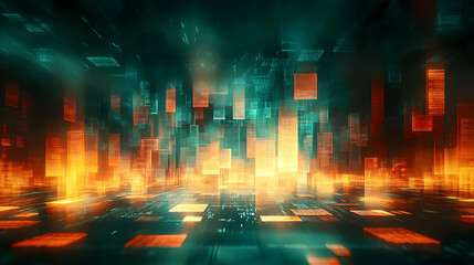 Wall Mural - Abstract futuristic cityscape with glowing lights and digital patterns in orange and teal.