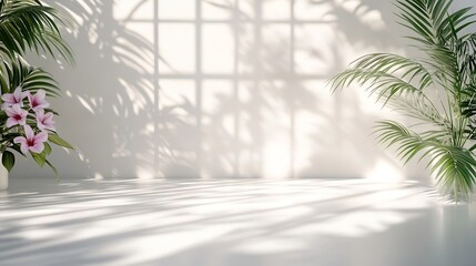 Aufkleber - Abstract white studio background for product presentation Empty room with shadows of window and flowers and palm leaves  3d room with copy space Summer concert Blurred backdrop : Generative AI