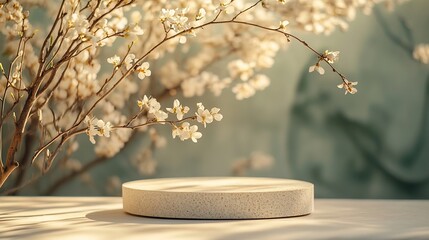 Poster - Composition empty podium material tree stone dry flowers Product presentation Background beige green Beautiful background from natural materials : Generative AI
