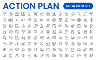 Line icons about action plan. Contains such icons as search strategy, target, scheme, timeline and workflow.Action plan set of web icons in line style. Strategy action planning icons.