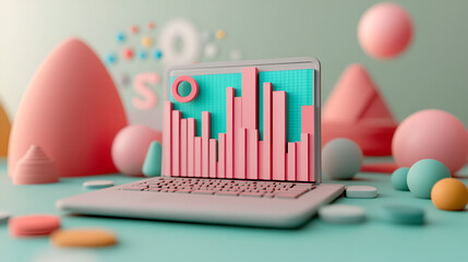 Wall Mural - Laptop with a Bar Chart on the Screen Surrounded by Colorful Shapes for your Website or Presentation.